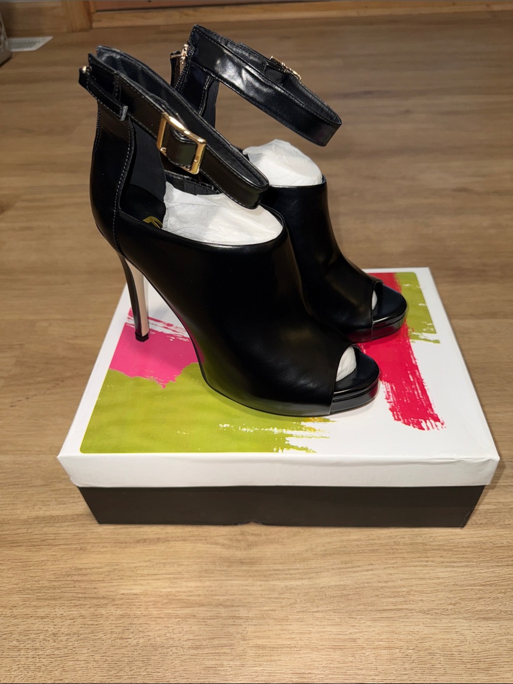 FSJ Black Peep-Toe Ankle Strap Stiletto Heels